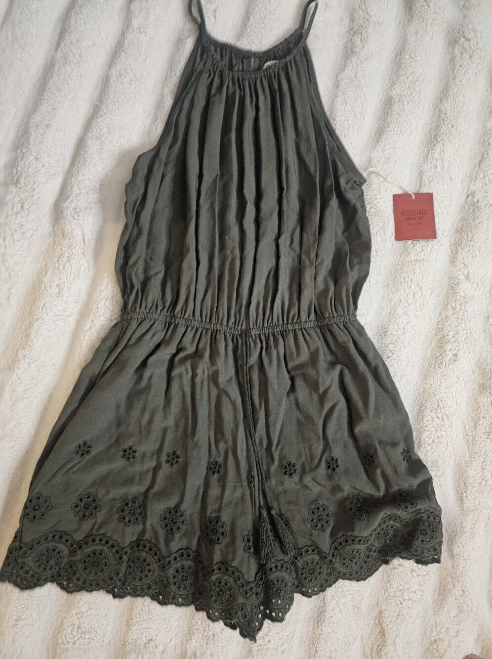 Mossimo Supply Co. Olive Green Lace-Hem Women's Shorts Romper with Tassel Tie